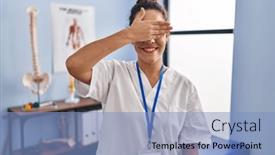  Presentation with rehabilitation - PPT theme having young-hispanic-woman-working background and a light blue colored foreground