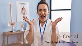  Presentation with rehabilitation - Slide set consisting of young-hispanic-woman-working background and a coral colored foreground