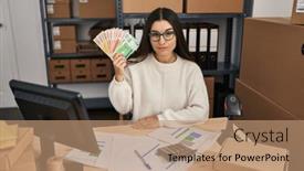  Presentation with attitude - Presentation theme with young-hispanic-woman-working background and a coral colored foreground