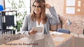  Presentation with thought - PPT theme having young-hispanic-woman-working background and a soft green colored foreground