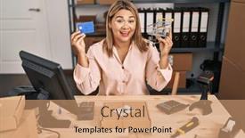  Presentation with online payment - Slide set having young-hispanic-woman-working background and a coral colored foreground