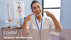  Presentation with rehabilitation - Presentation theme having young-hispanic-woman-working and a coral colored foreground