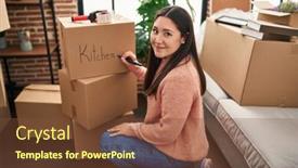  Presentation with new home - Slide set featuring young-hispanic-woman-writing-kitchen background and a tawny brown colored foreground
