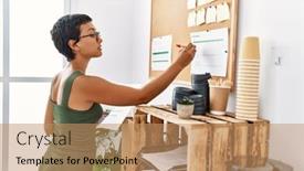  Presentation with corkboard - Slides enhanced with young-hispanic-woman-writing background and a coral colored foreground