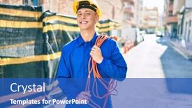  Presentation with electrical cable - PPT theme having young-hispanic-workman-smiling-happy background and a teal colored foreground
