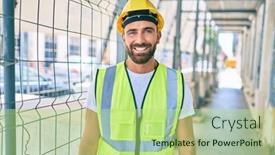 Presentation with city street - Amazing PPT layouts having young-hispanic-workman-smiling-happy backdrop and a mint green colored foreground