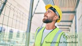  Presentation with city street - PPT layouts having young-hispanic-workman-smiling-happy background and a mint green colored foreground