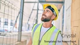  Presentation with city street - Slide deck enhanced with young-hispanic-workman-smiling-happy background and a soft green colored foreground