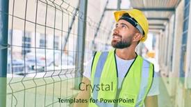  Presentation with city street - Presentation design having young-hispanic-workman-smiling-happy background and a mint green colored foreground