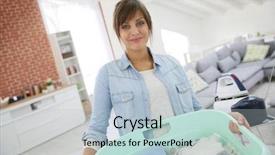  Presentation with laundry service - Beautiful presentation theme featuring young home service woman holding basket of folded laundry backdrop and a light blue colored foreground