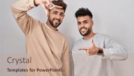  Presentation with young happy couple - PPT theme featuring young-homosexual-couple-standing-over background and a coral colored foreground