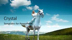  Presentation with horse riding - PPT theme with young horsewoman riding on white background and a light blue colored foreground