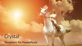  Presentation with horse riding - Slide deck with young horsewoman riding on white background and a  colored foreground