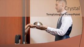  Presentation with open door - Presentation design featuring young hospitable waiter in uniform passing cloche with breakfast or lunch to female guest by open door of hotel room background and a coral colored foreground