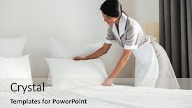  Presentation with bed hotel - Audience pleasing presentation theme consisting of young hotel maid setting up backdrop and a light gray colored foreground