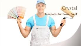 Presentation with paint roller - Presentation theme consisting of young house decorator holding a color swatch and a paint roller isolated on white background background and a cream colored foreground
