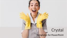  Presentation with rubber gloves - Presentation theme enhanced with young housemaid dressed in uniform background and a soft green colored foreground