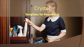  Presentation with plastic bottle - Presentation theme consisting of young-housemaid-in-uniform-taking background and a coral colored foreground