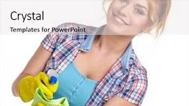  Presentation with cleaning - Presentation theme consisting of young housewife cleaning on white background and a white colored foreground