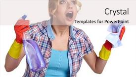  Presentation with cleaning detergents - Presentation theme enhanced with young housewife cleaning on white background and a  colored foreground