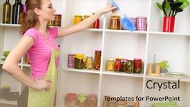  Presentation with home cleaning service - Colorful slide set enhanced with young housewife cleaning up kitchen backdrop and a  colored foreground
