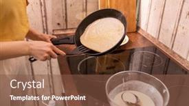  Presentation with frying - Presentation theme with young-housewife-in-casualwear-holding background and a tawny brown colored foreground