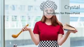  Presentation with recipe book - Amazing theme having young-housewife-referring-to-recipe backdrop and a sky blue colored foreground