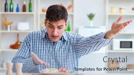  Presentation with food - Slides featuring young-husband-eating-tasteless-food background and a light blue colored foreground