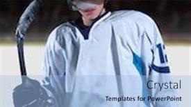  Presentation with hockey - Cool new slide set with young ice hockey player portrait on training in black background backdrop and a light blue colored foreground