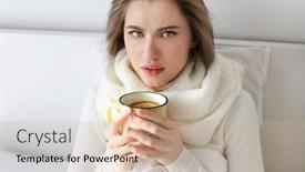  Presentation with hot tea - Theme enhanced with young ill woman with cup of hot tea in bed at home background and a coral colored foreground