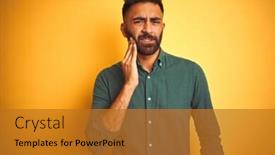  Presentation with kids tee shirt - Presentation theme consisting of young indian businessman wearing elegant shirt standing over isolated white background touching mouth with hand with painful expression because of toothache or dental illness on teeth dentist concept background and a gold colored foreground