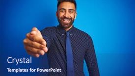  Presentation with blue handshake - Beautiful presentation design featuring young indian businessman wearing elegant shirt and tie standing over isolated blue background smiling friendly offering handshake as greeting and welcoming successful business backdrop and a navy blue colored foreground