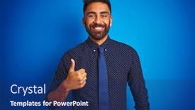  Presentation with tie - Cool new presentation design with young indian businessman wearing elegant shirt and tie standing over isolated blue background doing happy thumbs up gesture with hand approving expression looking at the camera showing success backdrop and a navy blue colored foreground