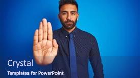  Presentation with sing - Cool new presentation design with young indian businessman wearing elegant shirt and tie standing over isolated blue background doing stop sing with palm of the hand warning expression with negative and serious gesture on the face backdrop and a navy blue colored foreground
