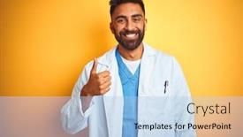  Presentation with indian democracy - Beautiful slide set featuring young indian doctor man standing over isolated yellow background doing happy thumbs up gesture with hand approving expression looking at the camera with showing success backdrop and a light blue colored foreground