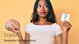  Presentation with brain thinking - Beautiful PPT theme featuring young-indian-girl-holding-brain backdrop and a coral colored foreground