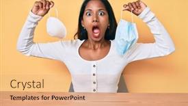  Presentation with face mask - Audience pleasing PPT theme consisting of young-indian-girl-sitting backdrop and a coral colored foreground