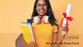  Presentation with happy young student girl holding - Slide deck enhanced with young-indian-girl-wearing-student background and a gold colored foreground