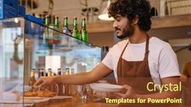  Presentation with coffee shop - Slide deck with young-indian-handsome-curly-barista background and a tawny brown colored foreground