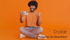  Presentation with man holding phone - PPT theme featuring young-indian-handsome-curly-enthusiastic background and a gold colored foreground