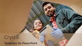  Presentation with working together - Presentation theme with young-indian-man-and-women background and a coral colored foreground