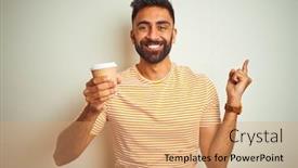  Presentation with cup coffee - Theme having young-indian-man-drinking-cup background and a coral colored foreground