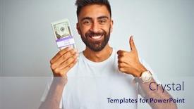  Presentation with fingers - Audience pleasing slide deck consisting of young indian man holding dollars standing over isolated white background happy with big smile doing ok sign thumb up with fingers excellent sign backdrop and a sky blue colored foreground