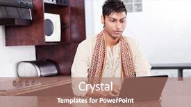  Presentation with indian traditional - PPT layouts enhanced with young indian man in traditional clothing using laptop at home background and a coral colored foreground