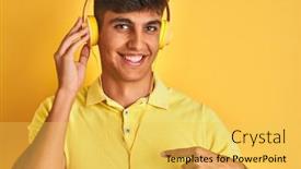  Presentation with yellow music - Presentation theme with young indian man listening to music using headphones over isolated yellow background with surprise face pointing finger to himself background and a yellow colored foreground