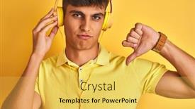  Presentation with yellow music - Slide deck having young indian man listening to music using headphones over isolated yellow background with angry face negative sign showing dislike with thumbs down rejection concept background and a yellow colored foreground