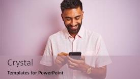  Presentation with indian - Amazing PPT layouts having young indian man using smartphone standing over isolated pink background with a happy face standing and smiling with a confident smile showing teeth backdrop and a coral colored foreground