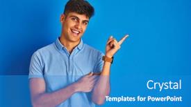  Presentation with polo - Presentation enhanced with young indian man wearing casual polo standing over isolated blue background with a big smile on face pointing with hand and finger to the side looking at the camera background and a teal colored foreground