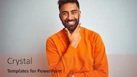  Presentation with indian temples - Beautiful PPT theme featuring young indian man wearing orange sweater over isolated white background looking confident at the camera smiling with crossed arms and hand raised on chin thinking positive backdrop and a red colored foreground