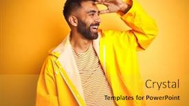  Presentation with far away - Slide set having young indian man wearing raincoat standing over isolated yellow background very happy and smiling looking far away with hand over head searching concept background and a yellow colored foreground